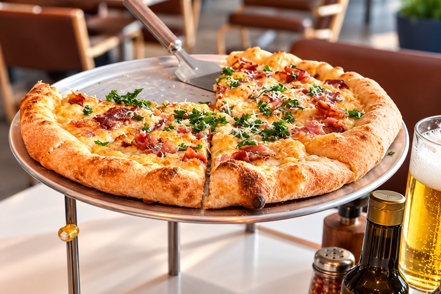 Pizza artesanal servida en mesa